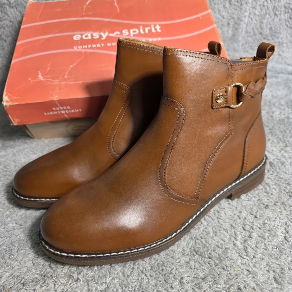 Easy Spirit Jules Brown Leather Ankle Boot Booties Braided Accent Womens 10M NEW